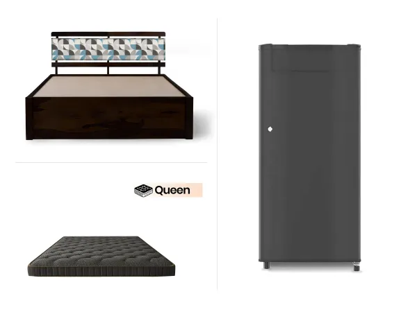Mosaic Queen Size Bed with Mattress Queen (78 x 60 x 4 inches) and Fridge Single Door